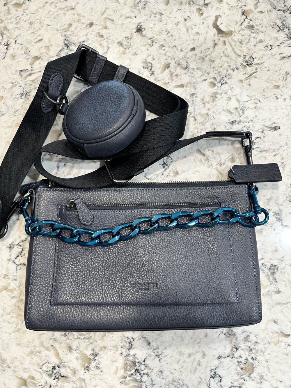 Coach Pebble Leather Crossbody with Teal Chain Accent - Gray
